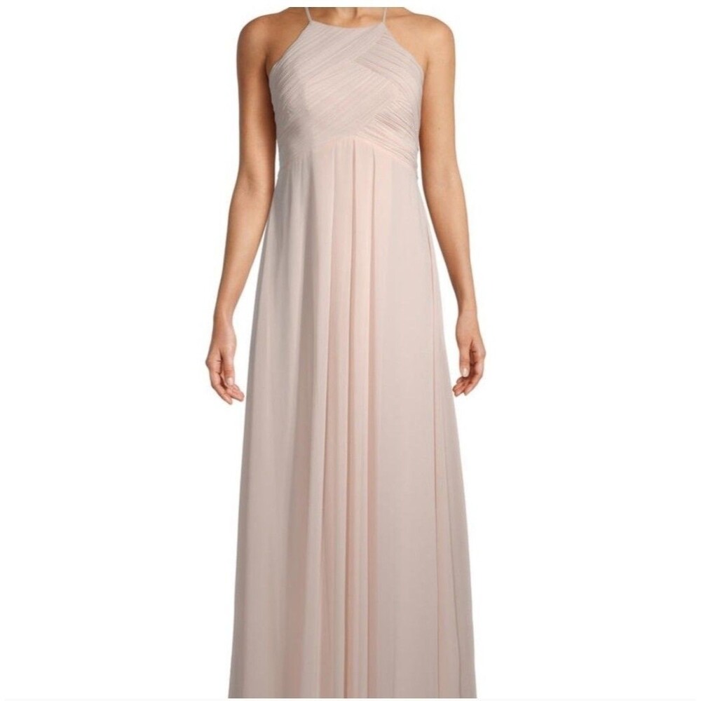 Bill Levkoff Women's Bridesmaid Gown Chiffon Halter Full Length Champagne, Sz 8 - Picture 3 of 11